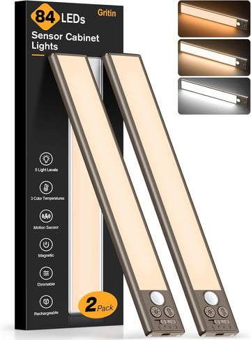 Gritin 10.2inch Under Cabinet Lighting Rechargeable -84 LED Super Bright