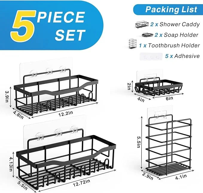5-Pack Rustproof Stainless Steel Shower Caddy – No Drill Adhesive Bathroom