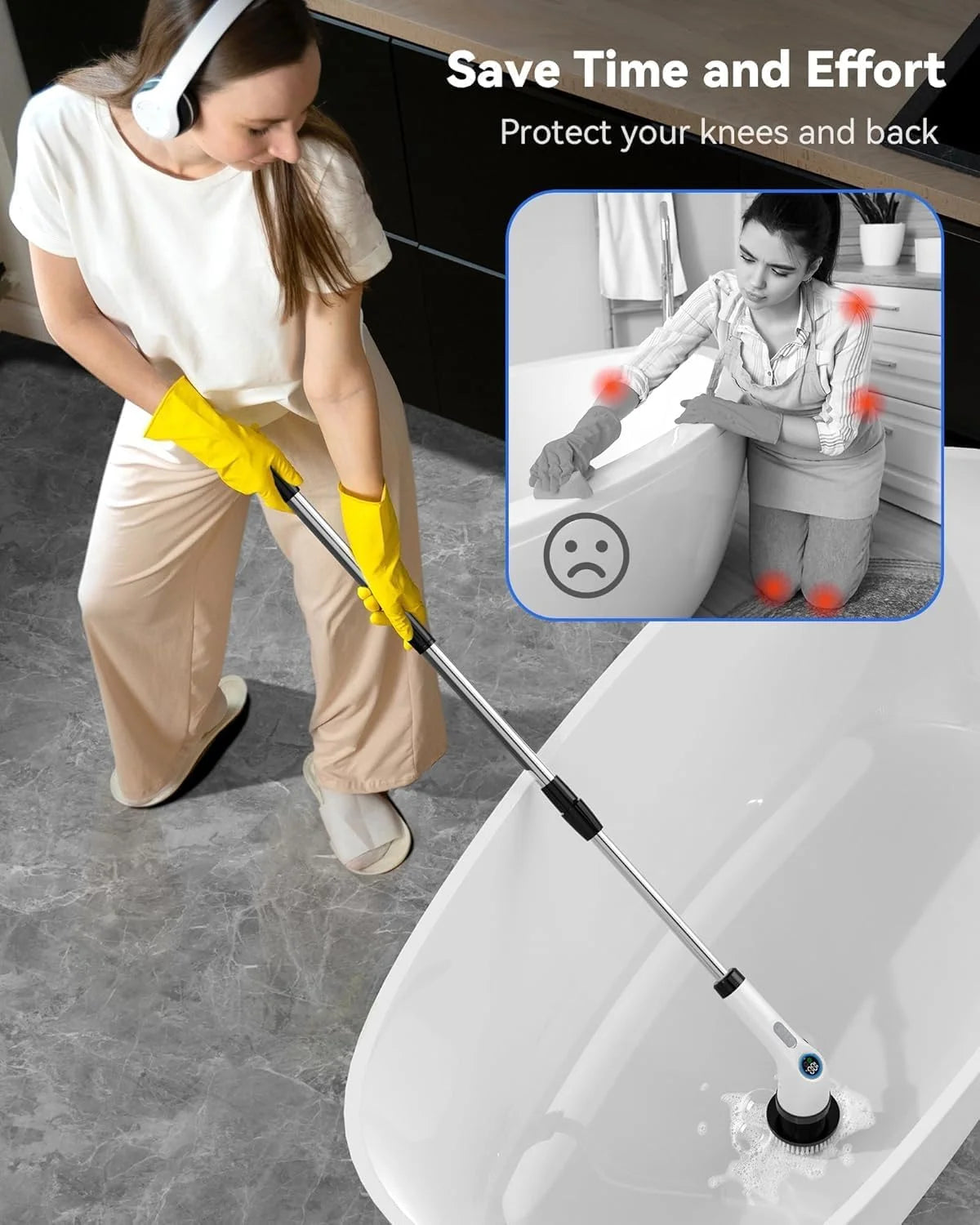 Electric Spin Scrubber with Long Handle Spin Brush with 7 Brush Replacement Heads