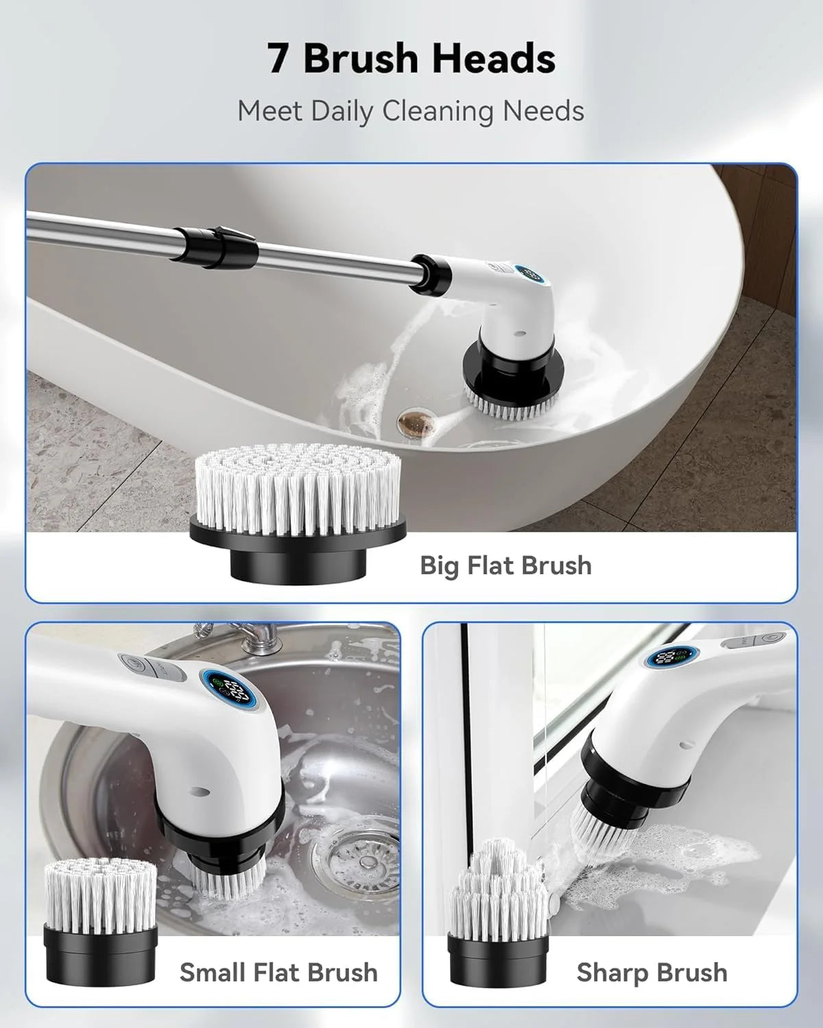 Electric Spin Scrubber with Long Handle Spin Brush with 7 Brush Replacement Heads