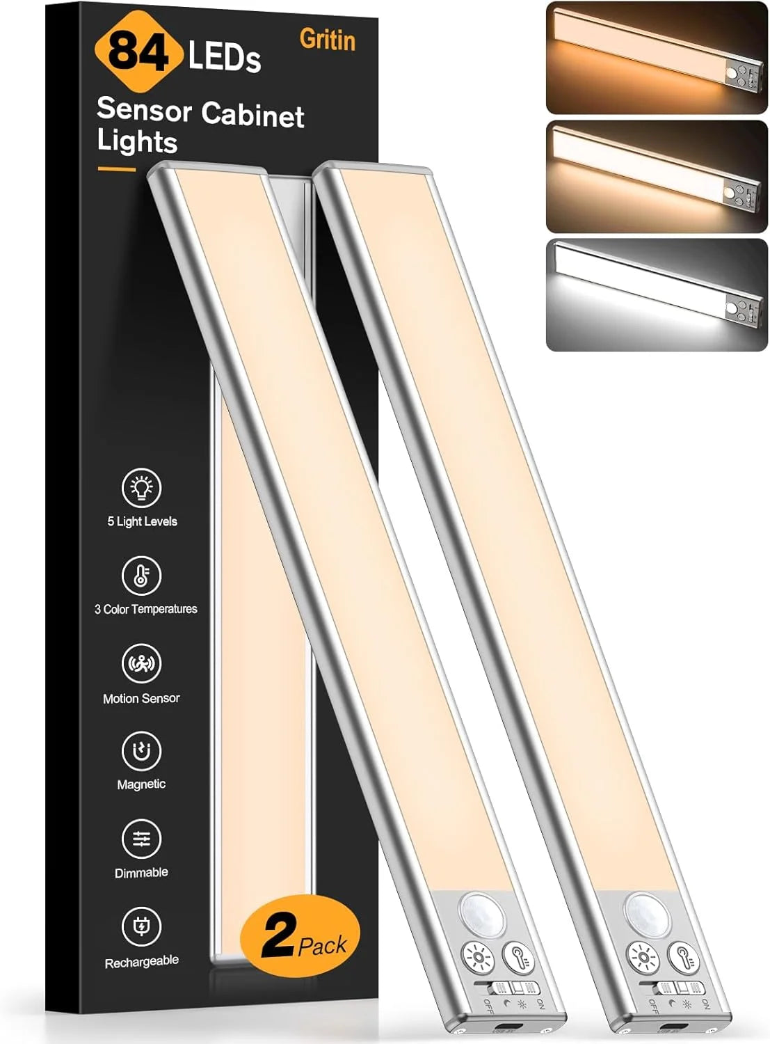 Gritin 10.2inch Under Cabinet Lighting Rechargeable -84 LED Super Bright